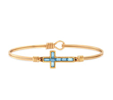 Load image into Gallery viewer, BAGUETTE CROSS BANGLE BRACELET IN AQUAMARINE