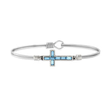 Load image into Gallery viewer, BAGUETTE CROSS BANGLE BRACELET IN AQUAMARINE